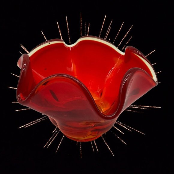 LE Smith Amberina Glass Pedestal Bowl Red Vintage Mid Century Modern - Picture 3 of 16